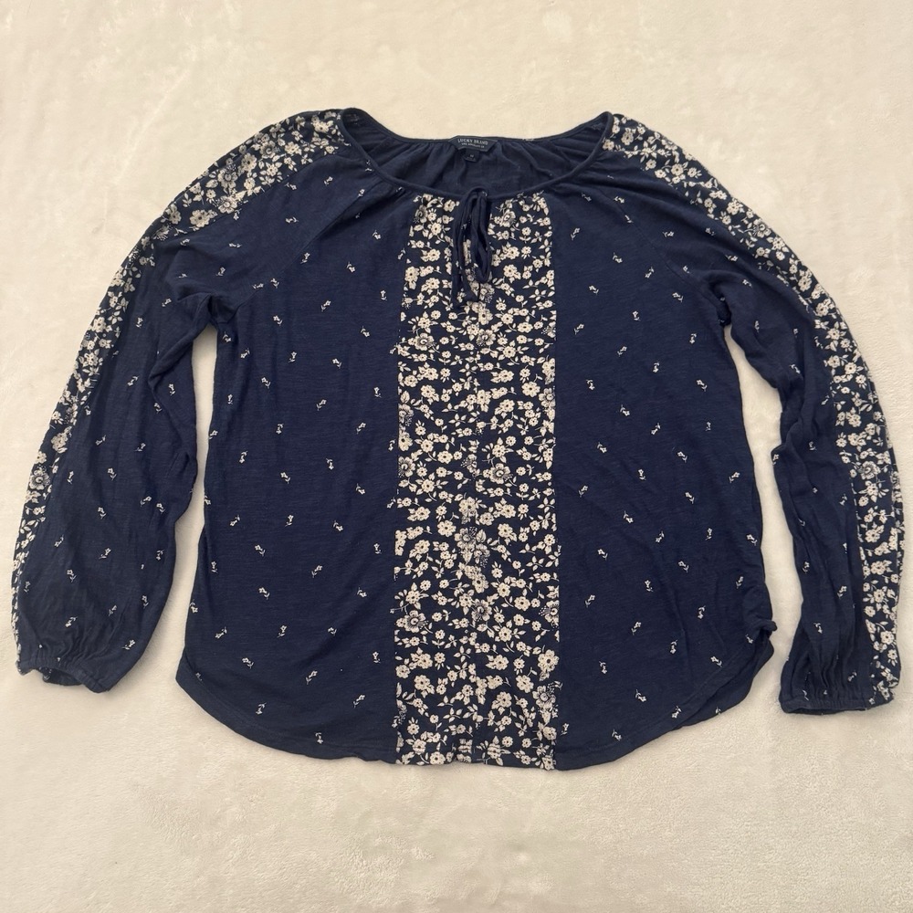 Lucky Brand Navy White Floral Top Medium Boho Peasant Fairy Coquette Artsy Indie - Picture 2 of 8